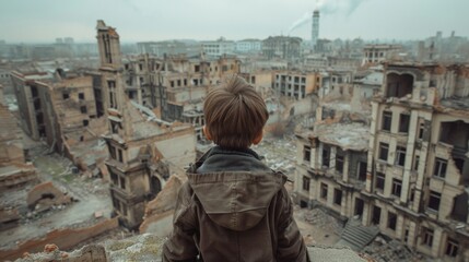 A boy  standing on a rooftop overlooking a war-torn city below