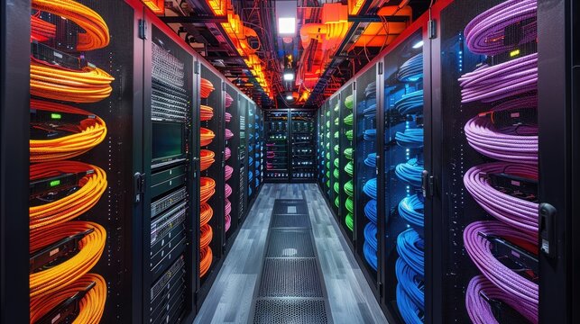 Detailed image of computer server rack cable management system, organized