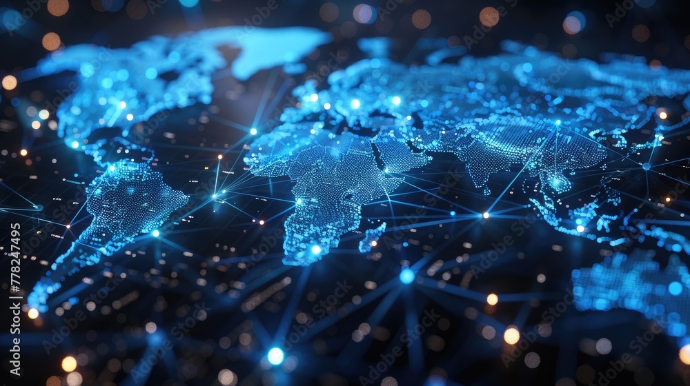 Poster global communication network represented by interconnected world maps, technology concept
