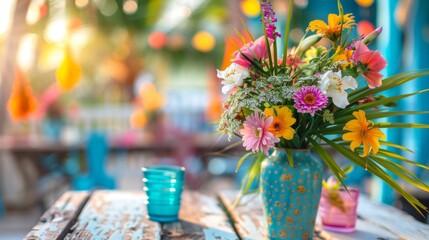 A blue vase filled with various colorful flowers sitting on a wooden table