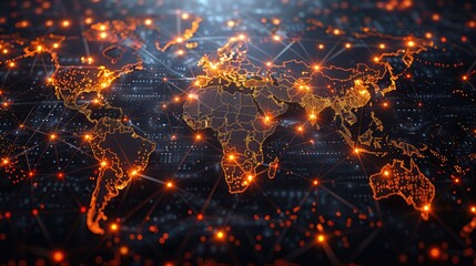 Global network map with glowing nodes, digital connectivity theme