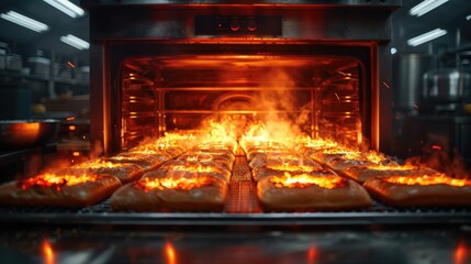 Industrial oven baking fresh bread in a bakery factory, warm lighting