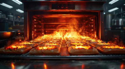 Photo sur Aluminium Pain Industrial oven baking fresh bread in a bakery factory, warm lighting