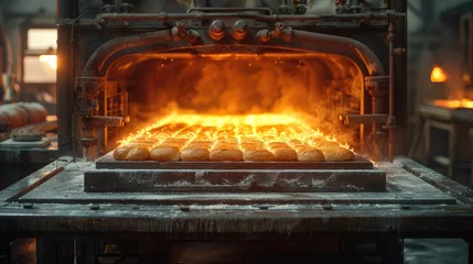 Papier Peint photo Pain Industrial oven baking fresh bread in a bakery factory, warm lighting