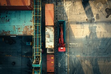 A cargo ship loading containers onto trucks at a commercial port seen from above