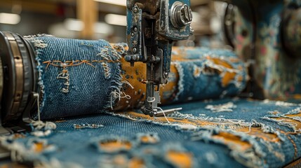 Industrial sewing machine stitching together denim fabric, rugged texture