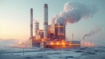 Minimalist design of a biomass power plant, with stacks emitting steam against a clear sky - obrazy, fototapety, plakaty