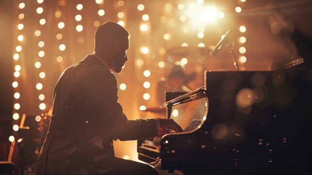 A man in a suit sitting at a piano, focused on playing music in a dimly lit room - Powered by Adobe