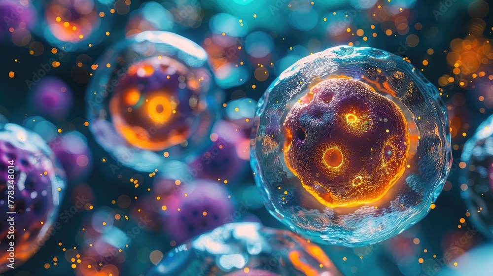 Poster nano particles interacting with human cells in a biological environment, colorful and dynamic image