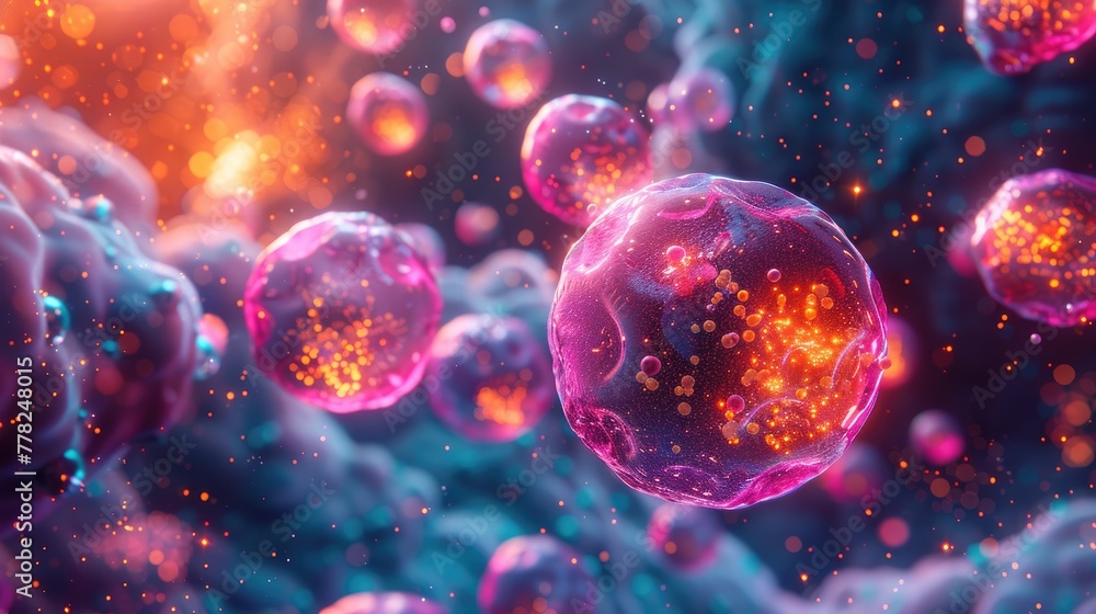Poster nano particles interacting with human cells in a biological environment, colorful and dynamic image 