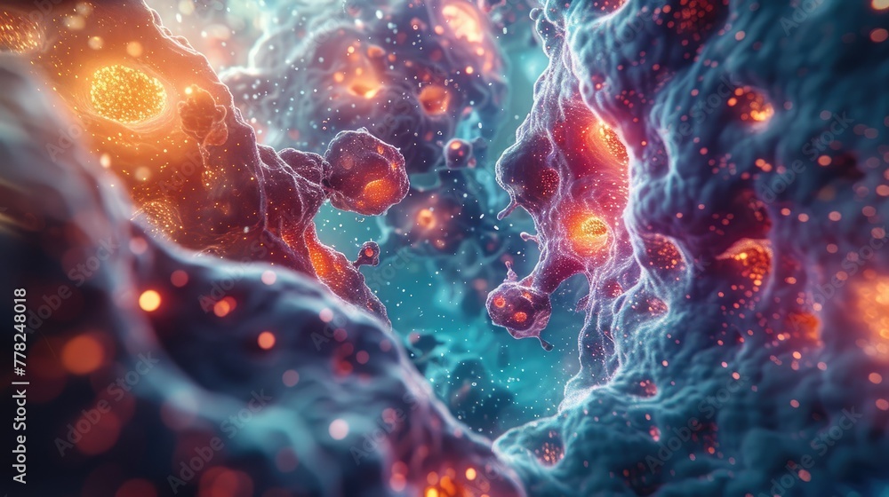Poster nano particles interacting with human cells in a biological environment, colorful and dynamic compos
