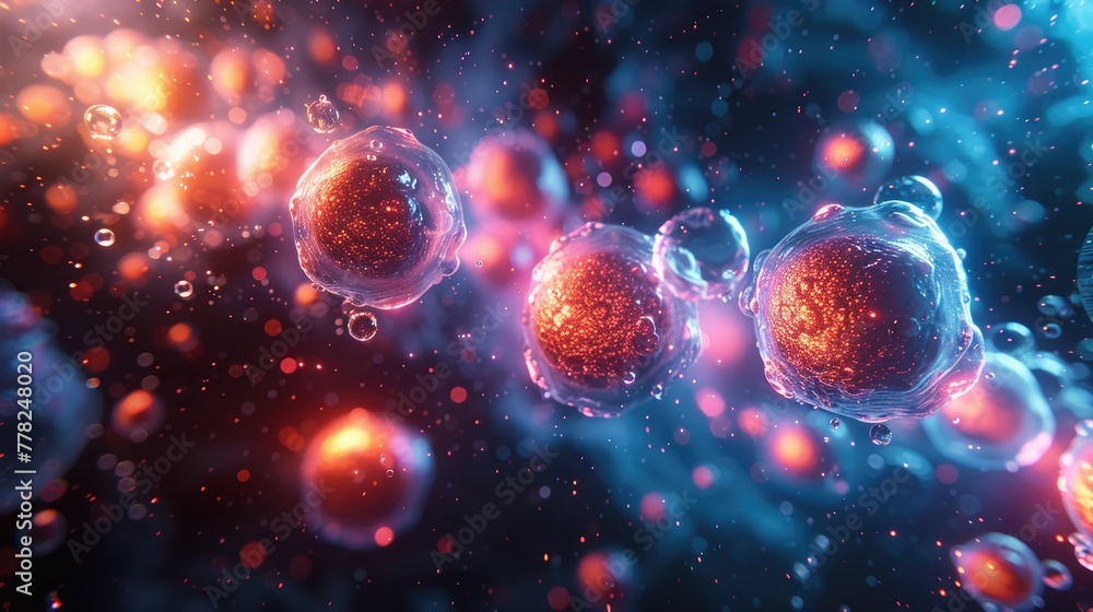 Poster nano particles interacting with human cells in a biological environment, colorful and dynamic image 
