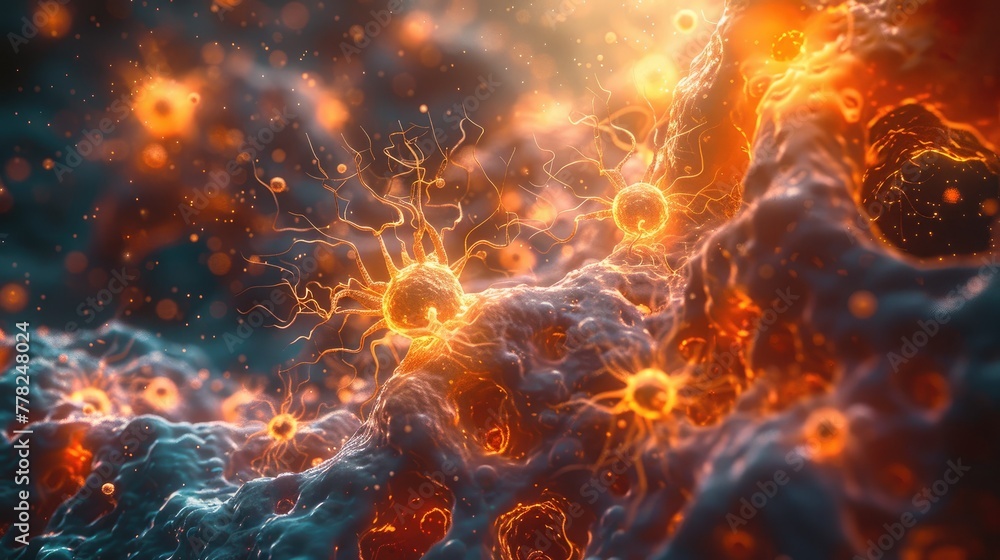 Poster nano particles interacting with human cells in a biological environment, colorful and dynamic image 