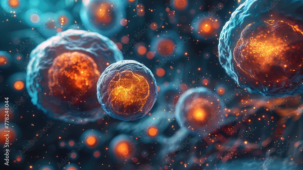 Poster nano particles interacting with human cells in a biological environment, colorful and dynamic image 