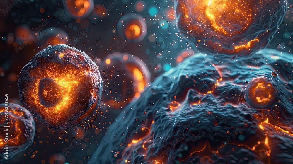 Poster nano particles interacting with human cells in a biological environment, colorful and dynamic image 