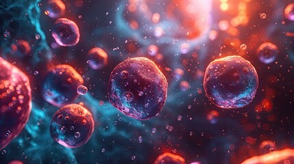 Nano particles interacting with human cells in a biological environment, colorful and dynamic image composition - obrazy, fototapety, plakaty