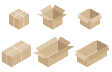 Isometric delivery carton box set. Vector illustration.