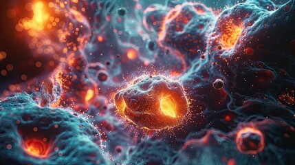 Nano particles interacting with human cells under a microscope, scientific and medical research theme - obrazy, fototapety, plakaty