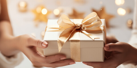 Female hands with festive minimalistic manicure tie a bow on a white gift box сreated with Generative Ai