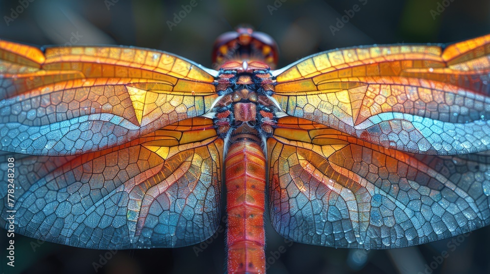 Poster nanostructure of a dragonfly wing, detailed and colorful macro shot with intricate patterns
