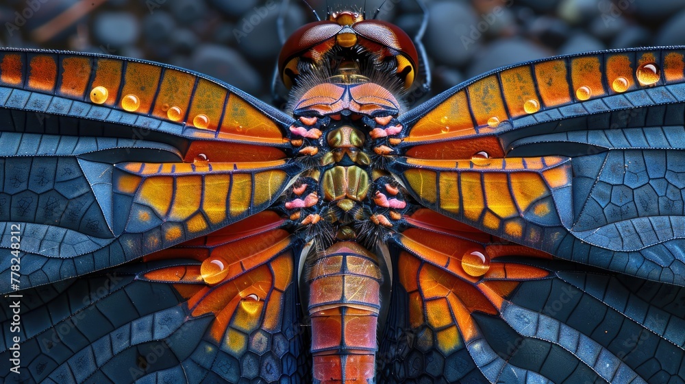 Poster nanostructure of a dragonfly wing, detailed and colorful macro shot with intricate patterns and text