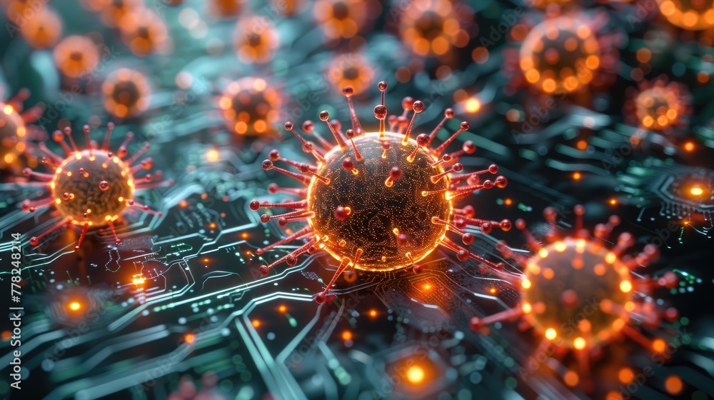Poster nanotechnology concept with circuit board patterns and microscopic elements, digital style