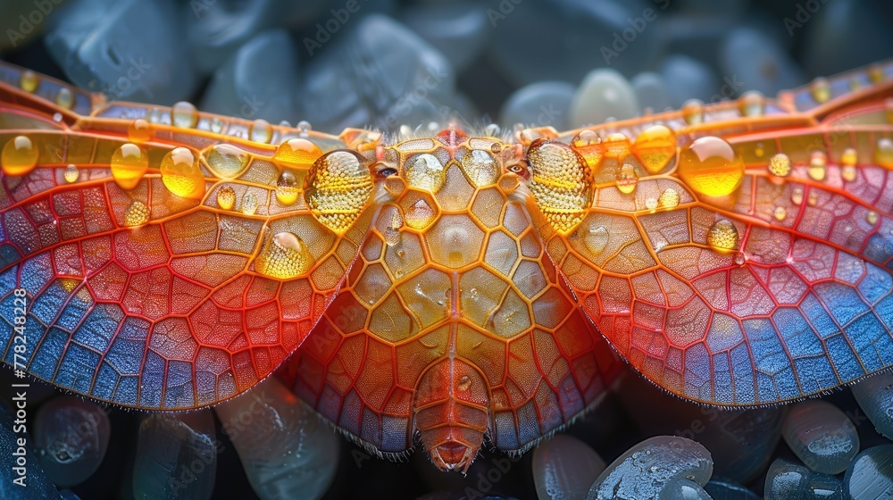 Poster nanostructure of a dragonfly wing, detailed and colorful macro shot with intricate patterns and text