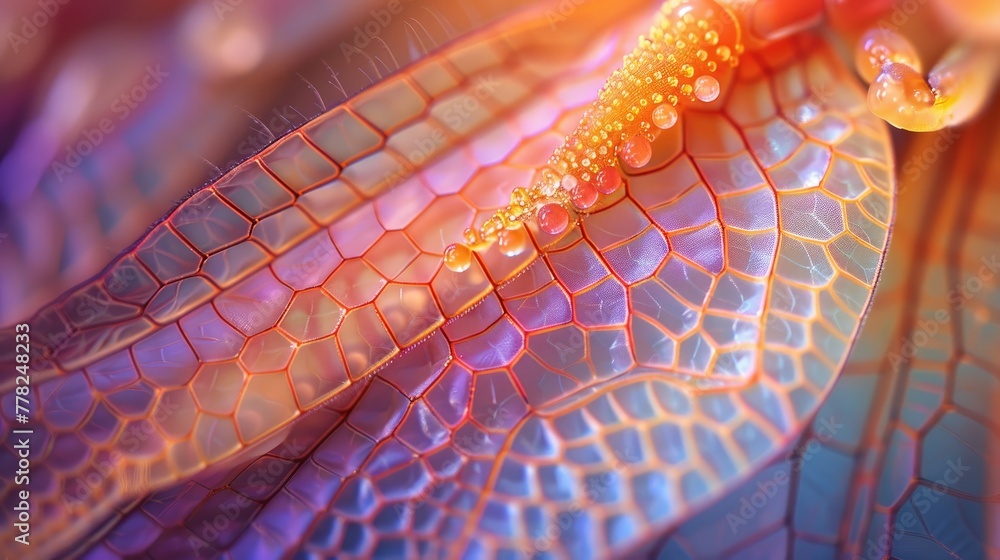 Poster nanostructure of a dragonfly wing, detailed and colorful macro shot with intricate patterns and text