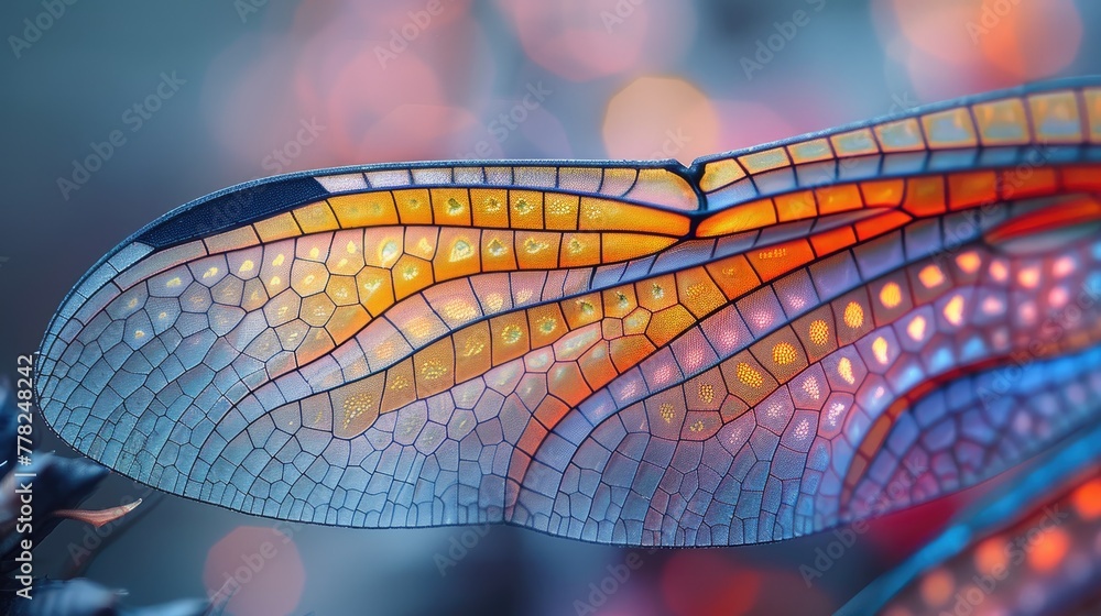 Poster nanostructure of a dragonfly wing, detailed and colorful macro shot with intricate patterns