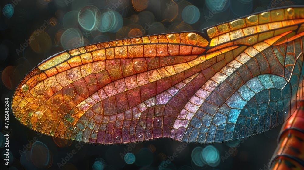 Poster nanostructure of a dragonfly wing, close-up shot with intricate patterns and colors