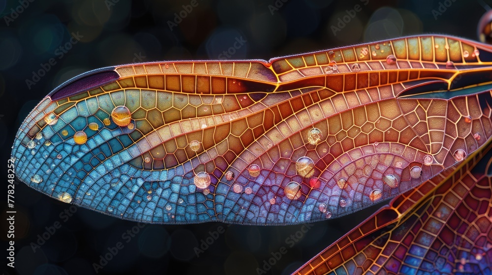 Poster nanostructure of a dragonfly wing, close-up shot with intricate patterns and colors
