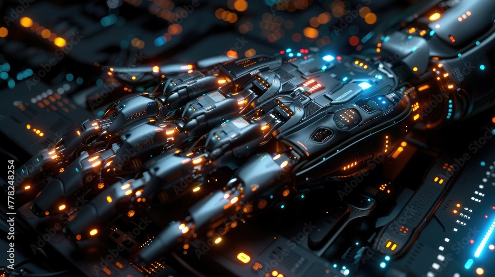 Poster network automation concept with robot hand and digital buttons, ai technology symbol