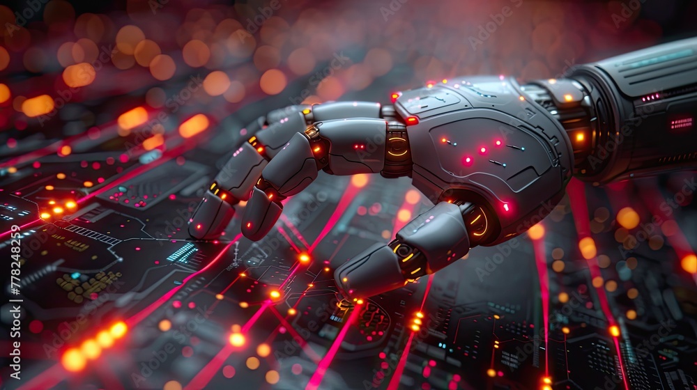 Poster network automation concept with robot hand and digital buttons, ai technology symbol