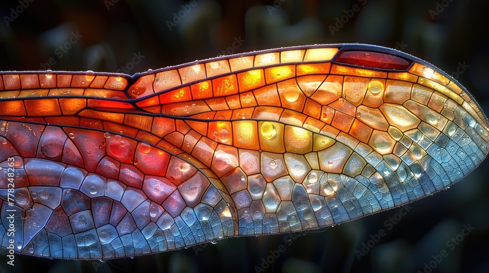 Poster nanostructure of a dragonfly wing, detailed and colorful macro shot with intricate patterns and text