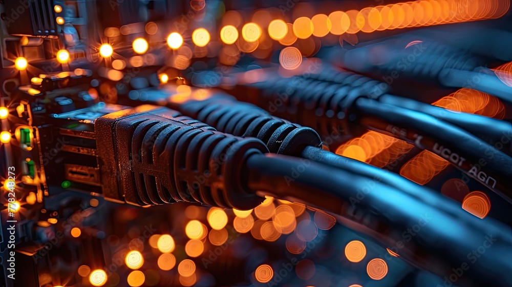 Poster network reliability concept with sturdy cables and solid connections, stable data transfer symbol