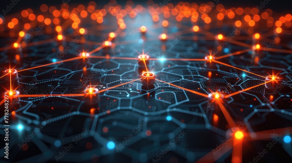 Poster network diagram with nodes connected by glowing lines, futuristic tech vibe