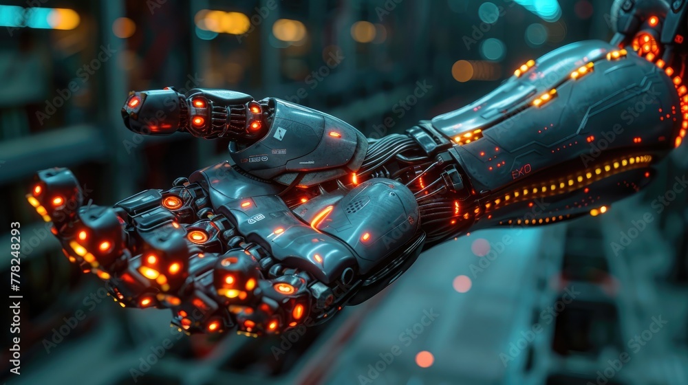 Poster network automation concept with robot hand and digital buttons, ai technology symbol
