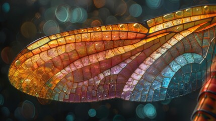 Nanostructure of a dragonfly wing, close-up shot with intricate patterns and colors