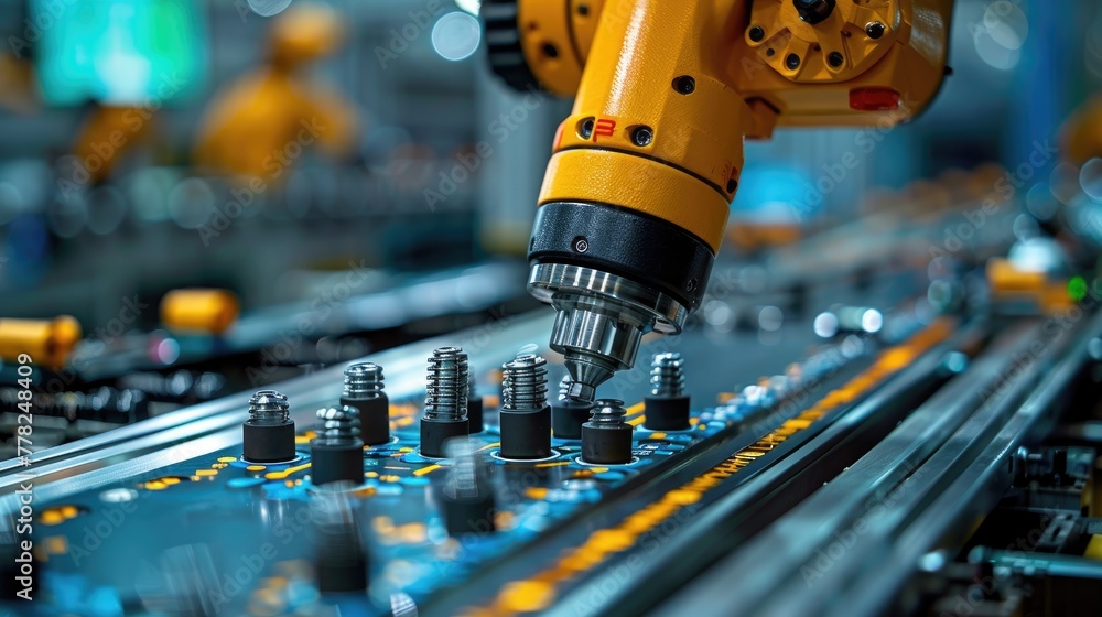 Poster robotic arm assembling intricate mechanical parts