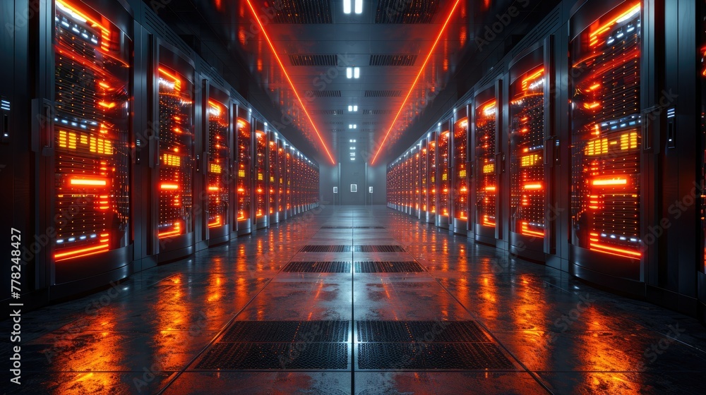 Poster server room with illuminated racks of hardware, technological infrastructure setting