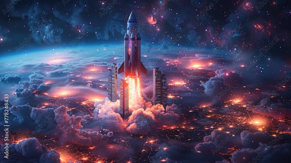 Poster server deployment concept with rocket launching from hardware, rapid setup symbol