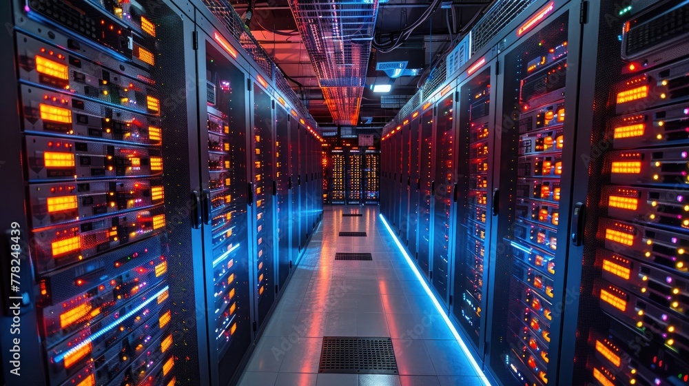 Poster server room with illuminated racks of hardware, technological infrastructure setting