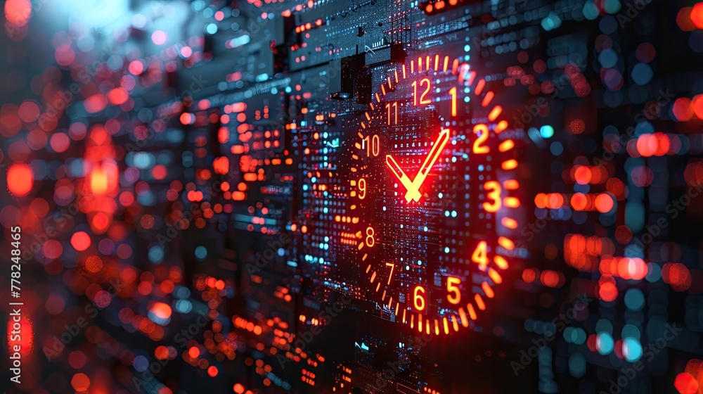 Poster server downtime concept with broken clock and error message, system maintenance symbol