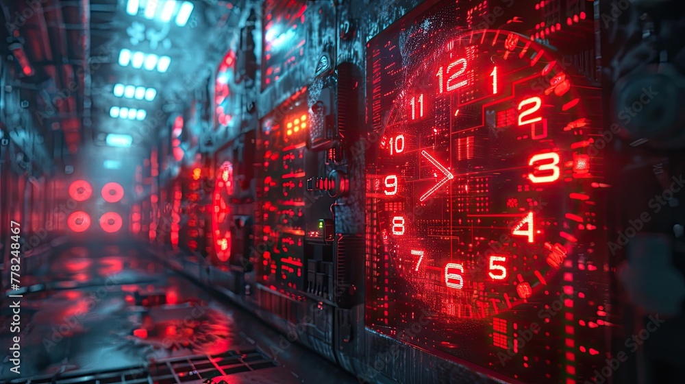 Poster server downtime concept with broken clock and error message, system maintenance symbol