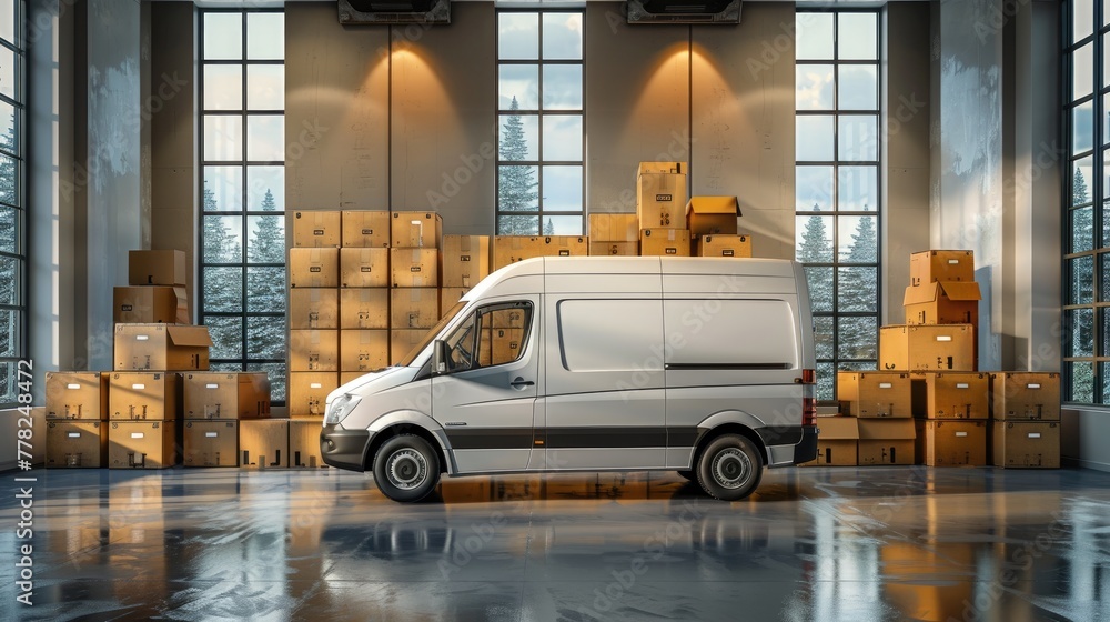Poster server transfer concept with moving van and boxes, data migration symbol
