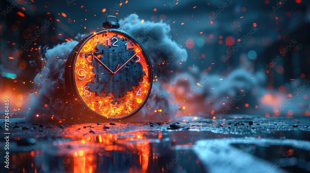 Poster server downtime concept with broken clock and error message, system maintenance symbol