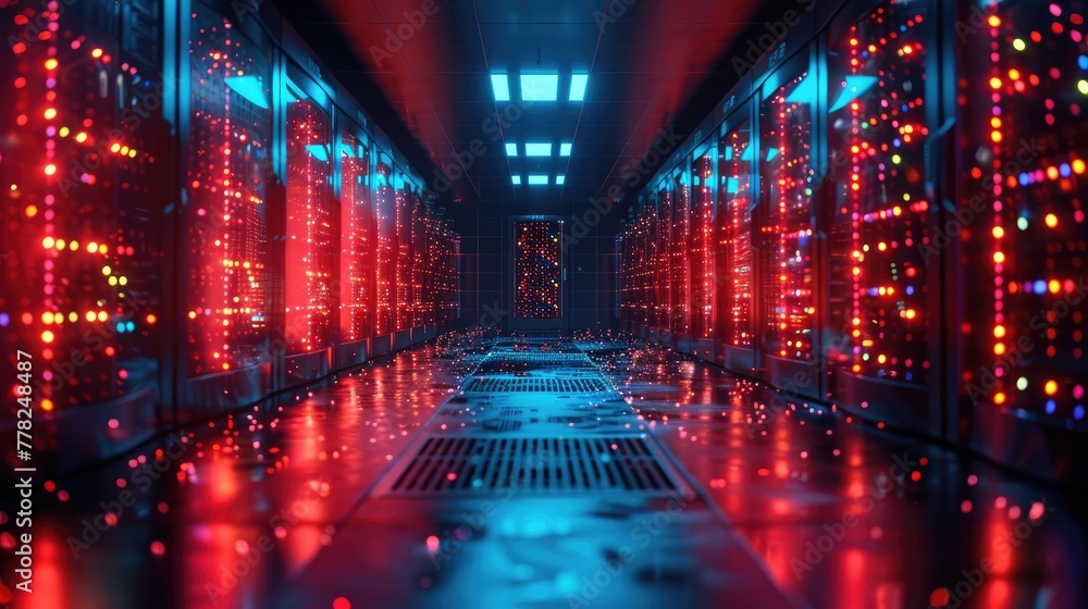 Poster server room with illuminated racks of hardware, technological infrastructure setting