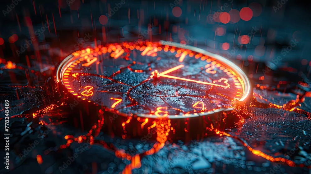 Poster server downtime concept with broken clock and error message, system maintenance symbol