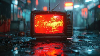 Retro TV with static screen and digital glitch effect, vintage technology concept