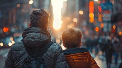 Back view of father and son in winter clothes at city background - obrazy, fototapety, plakaty